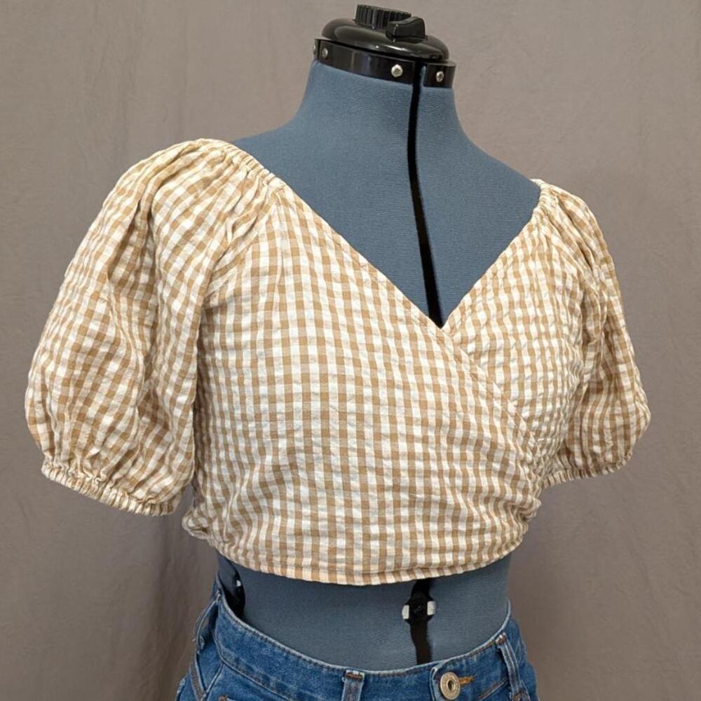 Sim & Sam beige gingham cotton puff‑sleeve crop top, size S